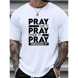 Men's 'Pray Over It' Short Sleeve Vintage Graphic T-Shirt - 100% Cotton, Round Neck, Slightly Stretchable, Casual Menswear Streetwear Summer Top, Black with Bold White Lettering, Double-Sided Water-Wash Metalcore Shirt