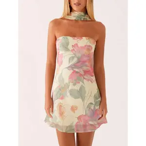 Women Floral Strapless Mini Dresses Y2K Flower Backless Tube Top Dress Short Summer Dress With Scarf