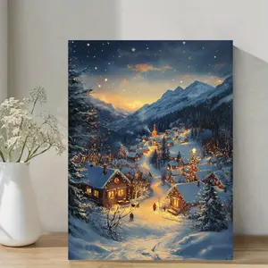A Framed Christmas Village Painting - Old Winter Scenery Canvas Wall Art with Snowy Cabin, Pine Trees and Starry Sky - Ready-to-Hang Holiday Decoration (29.97x 39.88cm ) - Farmhouse Christmas Decoration, Suitable for Living Room, Office - Farmhouse Cabin