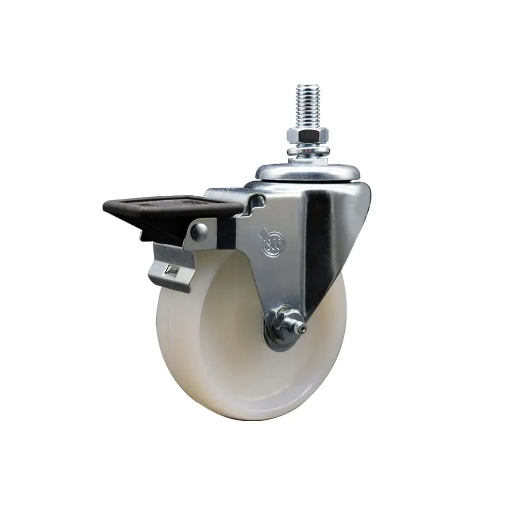 Service Caster SCC-TS20S414-NYS-PLB-121315 Series #20 Swivel Type Threaded Casters, 4x1.25in White Nylon Wheel, 0.75in Stem, Posi-Lock Brake, 300 lbs Capacity, Chemical Resistant, Maintenance Free for Material Handling Carts, Cart Support Equipment