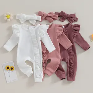 Newborn Infant Baby Girl Autumn Jumpsuit Solid Color Long Sleeve Ruffle Zipper Romper with Headband Set