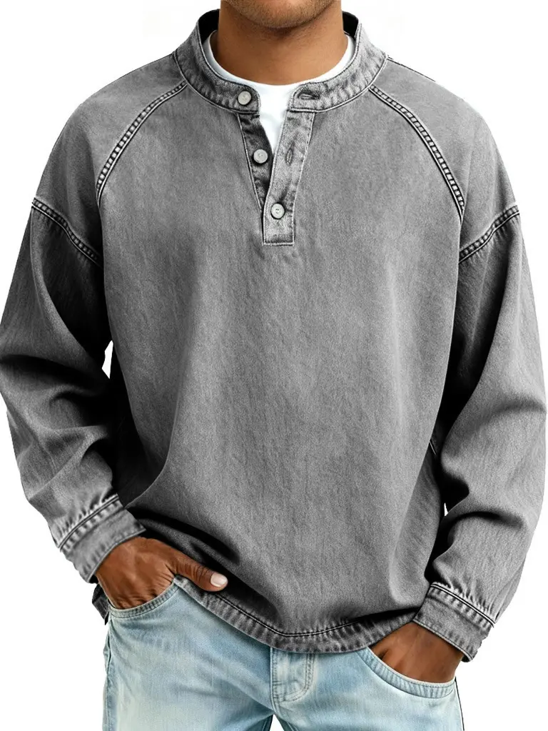 Men's Retro Loose-Fitting Menswear Casual Long-Sleeve Stand-Collar Shirt - Tops with Shoulder Inserts, Washed Distressed Plain Fabric, for Spring/Autumn Everyday Commuting, Street Styling, Vibe, Fashion, Classic, Fashion Apparel