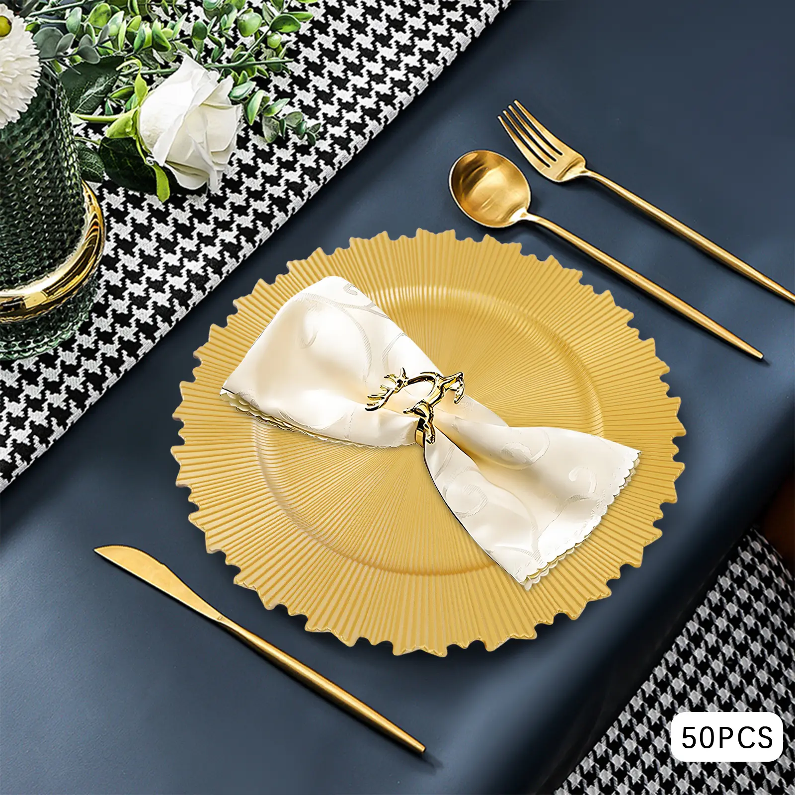 CNCEST 50-Pack Gold Charger Plates with Scalloped Edge, 13 Inch PP Dinnerware Set – Elegant Table Decor for Weddings, Parties, Banquets & Restaurants