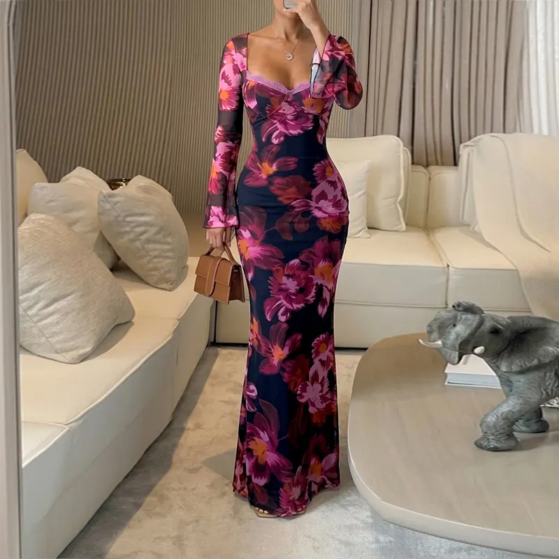 CHICME Women's Vintage Floral Mesh Dress Lace Trim Sweetheart Neck Flare Sleeve Bodycon Maxi Dress Mermaid Party Gown