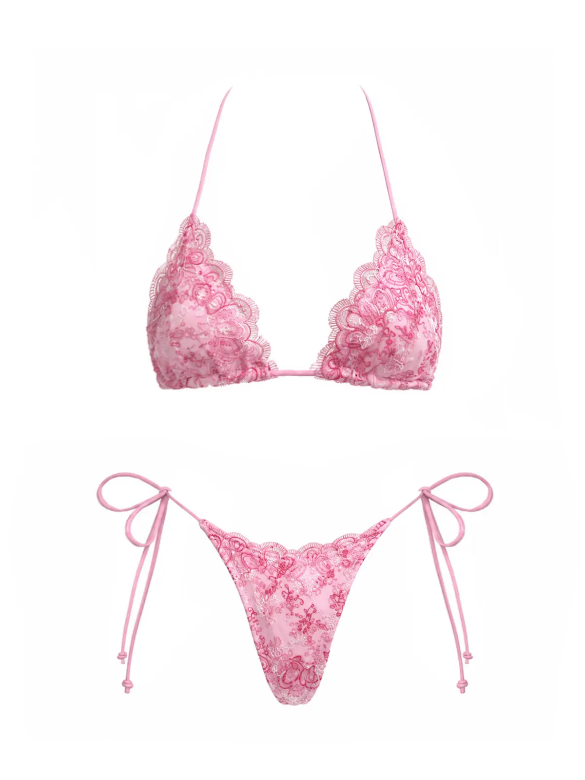 2026 new women’s lace tie-string mini bikini two-piece set—fashionable, sexy, low-rise halter two-piece swimsuit; ideal for holiday casual beachwear, swimwear, hot spring wear, and pool party outfits.