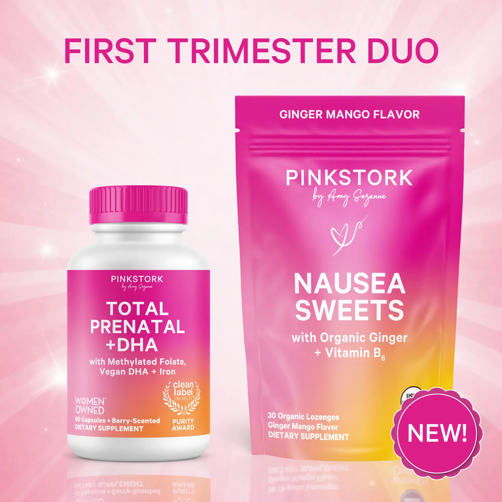 Pink Stork First Trimester Duo | Prenatal Vitamins + Nausea Support for Women | Clean Label Certified Prenatal + USDA Organic Sweets