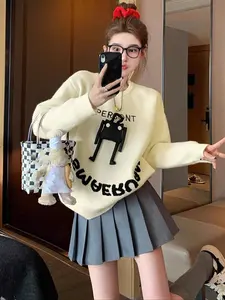 Autumn Winter Ivory Solid Knitted Sweater, Cute Style Loose-Fitting Women's Crewneck Pullover, Comfortable and Stylish Apparel for Cold Seasons