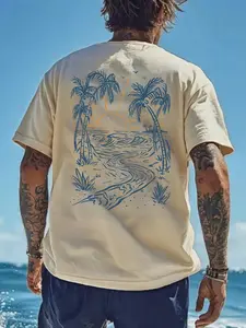 Men's Vacation Style Casual Tropical Island Element Printed Fitted Short Sleeve T-Shirt, Suitable For Summer Wear, Comfortable & Breathable, Leading Fashion