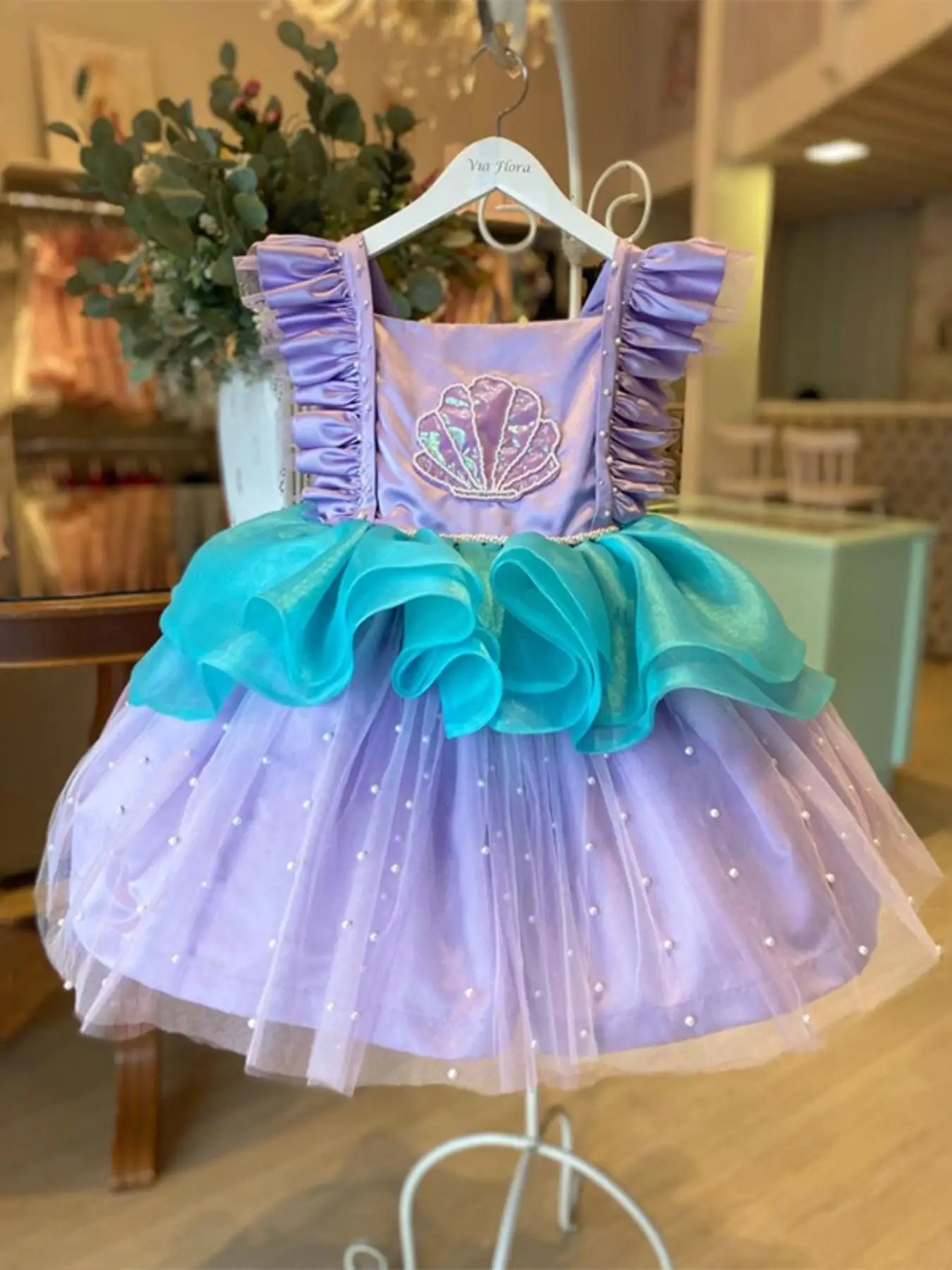 Girl's Contrast Sequin Ruffle Trim Tiered Layer Mermaid Dress, Elegant Butterfly Sleeve Square Neck Fit & Flare Dress for Party, Kids Clothes for All