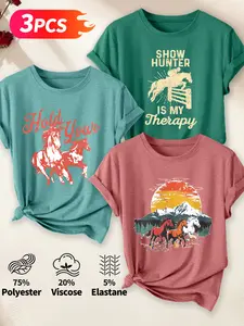 Women's 3-Pack Casual Short Sleeve T-Shirt, Retro Running Horse & Sunset Mountain Horse Print Set, Multiple Colors, Machine Washable, Spring & Summer Tops, Soft Skin-Friendly Fabric, Daily Wear, Fashion Design
