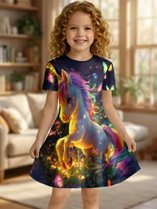 Girls Summer Glowing Unicorn Print Dress, Kids Dreamy Butterfly A-Line Princess Dress