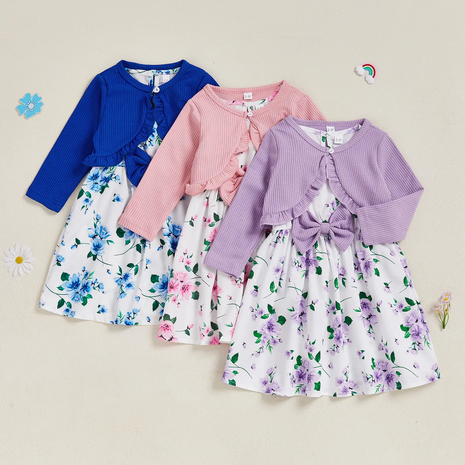 Toddler Girl Dress Set Floral Print Round Neck Bow A-Line Tank Dress Ruffled Ribbed Cardigan 2Pcs Sets