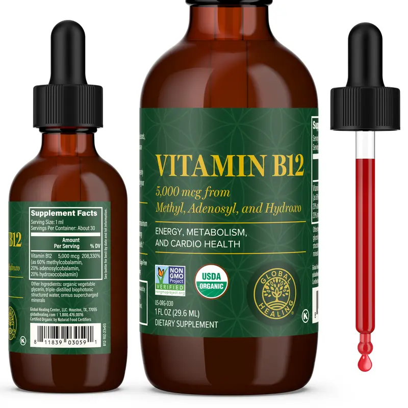 Global Healing - Vitamin B12 Sublingual 5000 MCG Organic Liquid Supplement - Energy and Healthy Metabolism - Vegan B12 Vitamins (1 Oz)