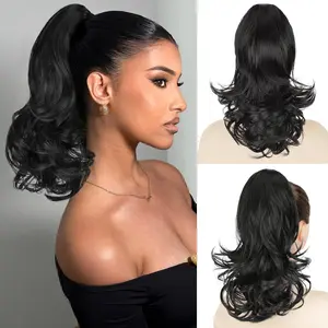 YIOLIN 14-Inch Black Ponytail Extension, Claw Clip Ponytail Extension for Women,Curly Pony Tails Hair Extensions  Looking Synthetic (1B)