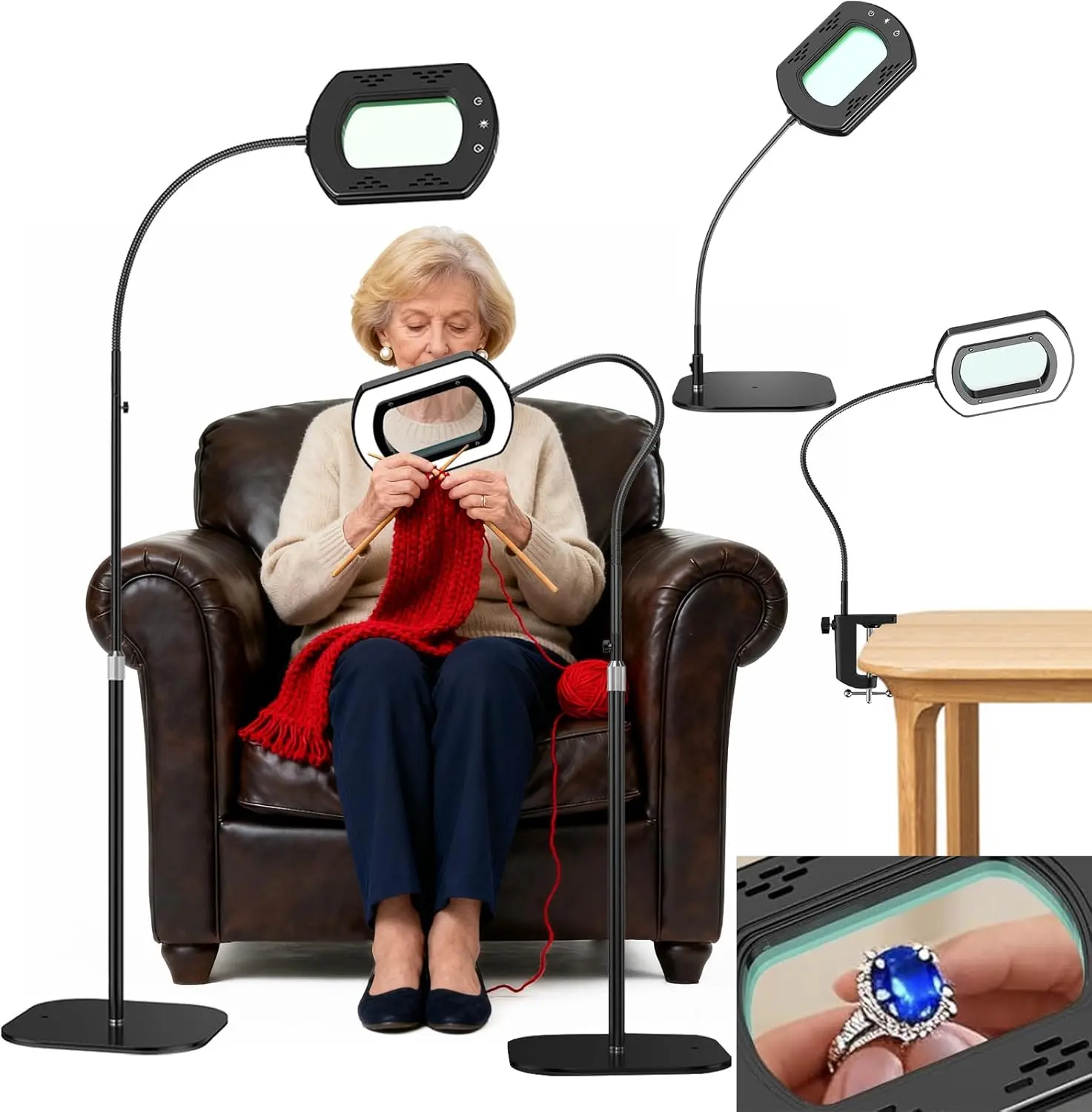 Magnifying Glass with Light and Stand – 10X Rectangular Glass Lens, 3-in-1 Floor Desk Clip Lamp, 17" Flexible Gooseneck, Touch Dimmer, Adjustable Height 47-58", for Reading Sewing Crafts Jewelry