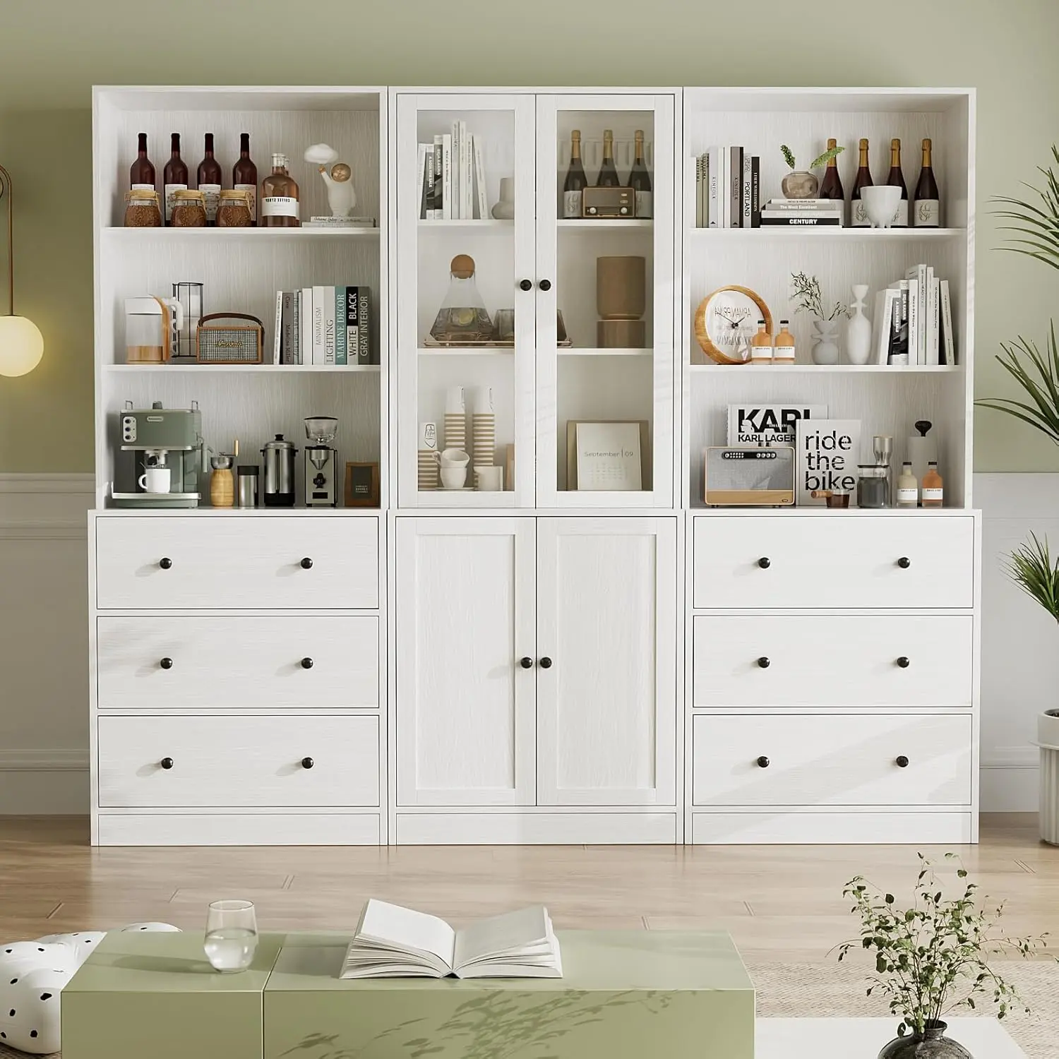 VOWNER Modern Storage Cabinet with Glass Doors & Drawers, 3-Tier Bookshelf Display Cabinet, Buffet Cabinet Organizer for Living Room, Dining Room & Home Office, White