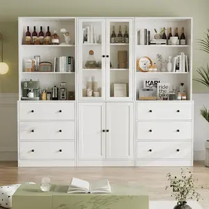VOWNER Modern Storage Cabinet with Glass Doors & Drawers, 3-Tier Bookshelf Display Cabinet, Buffet Cabinet Organizer for Living Room, Dining Room & Home Office, White
