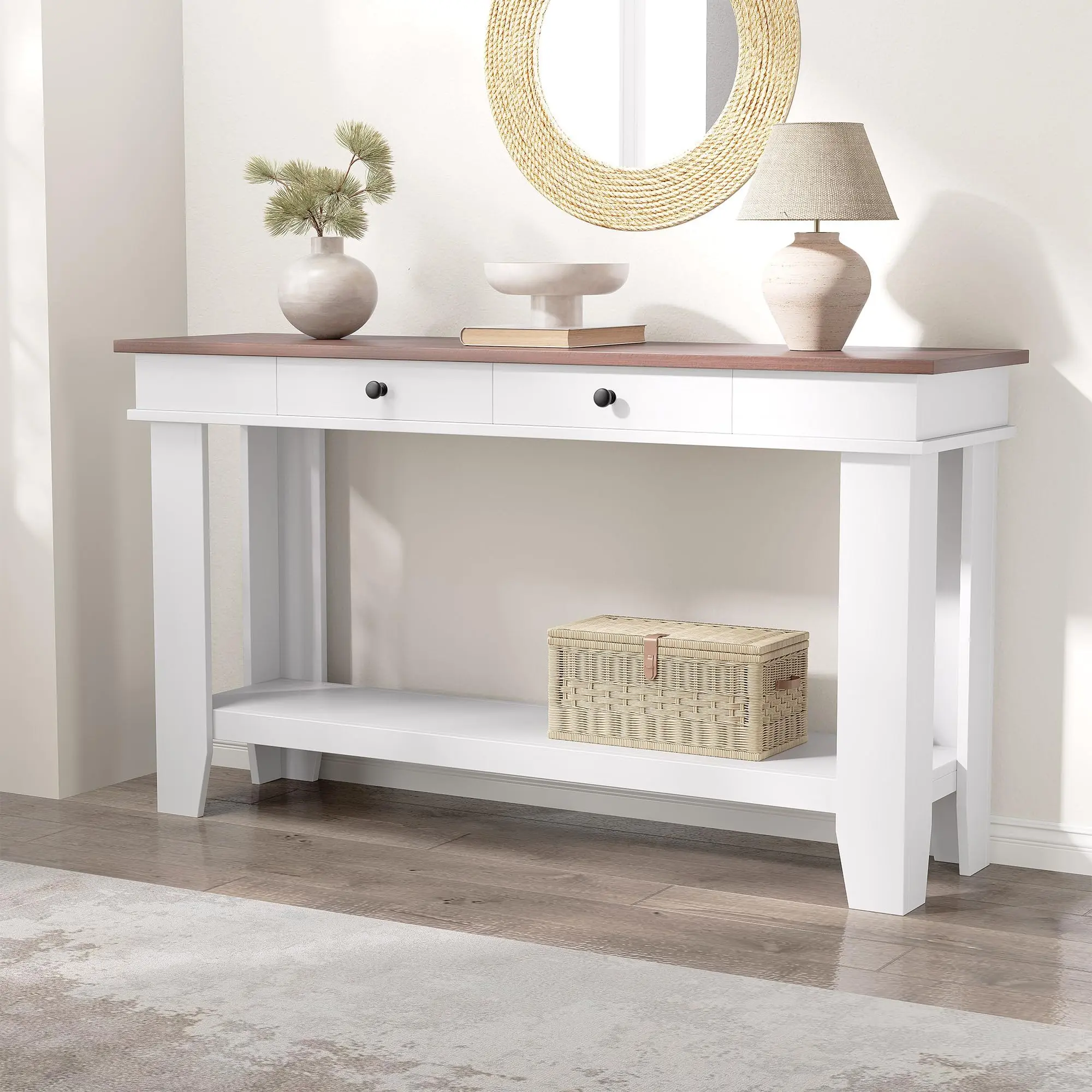 Garvee 54-Inch Rustic Farmhouse Entryway Table in White with Wooden Finish, Featuring Drawers and Open Shelf for Living Room, Foyer, and Hallway Storage Solutions