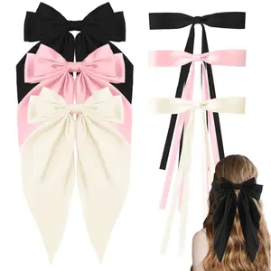 6Pcs Hair Bows for Women Pink Hair Bows for Women Girls Long Hair Ribbons for Women Bow Barrettes Women Big Bow Hair Clips for Women Silky Satin Hair Ribbon Bows Clips Black