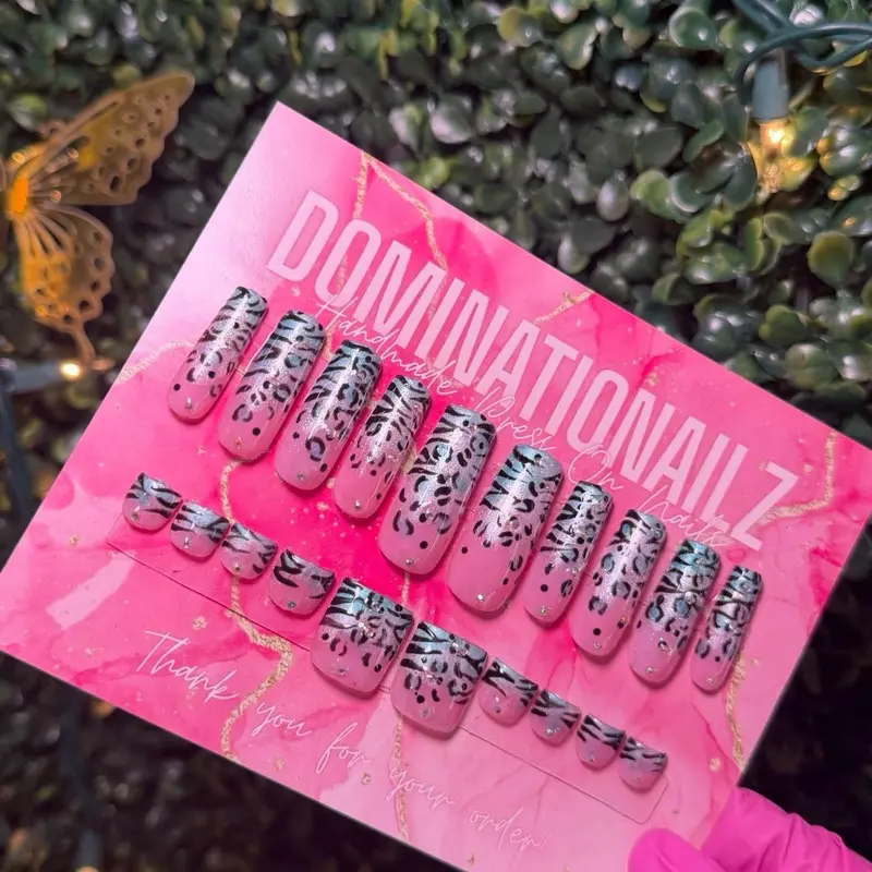 Dominationailz 20 Pc Smokey Cheetah Ombre Press-On Nails with Rhinestones for Fingers and Toes Easy Application Reusable