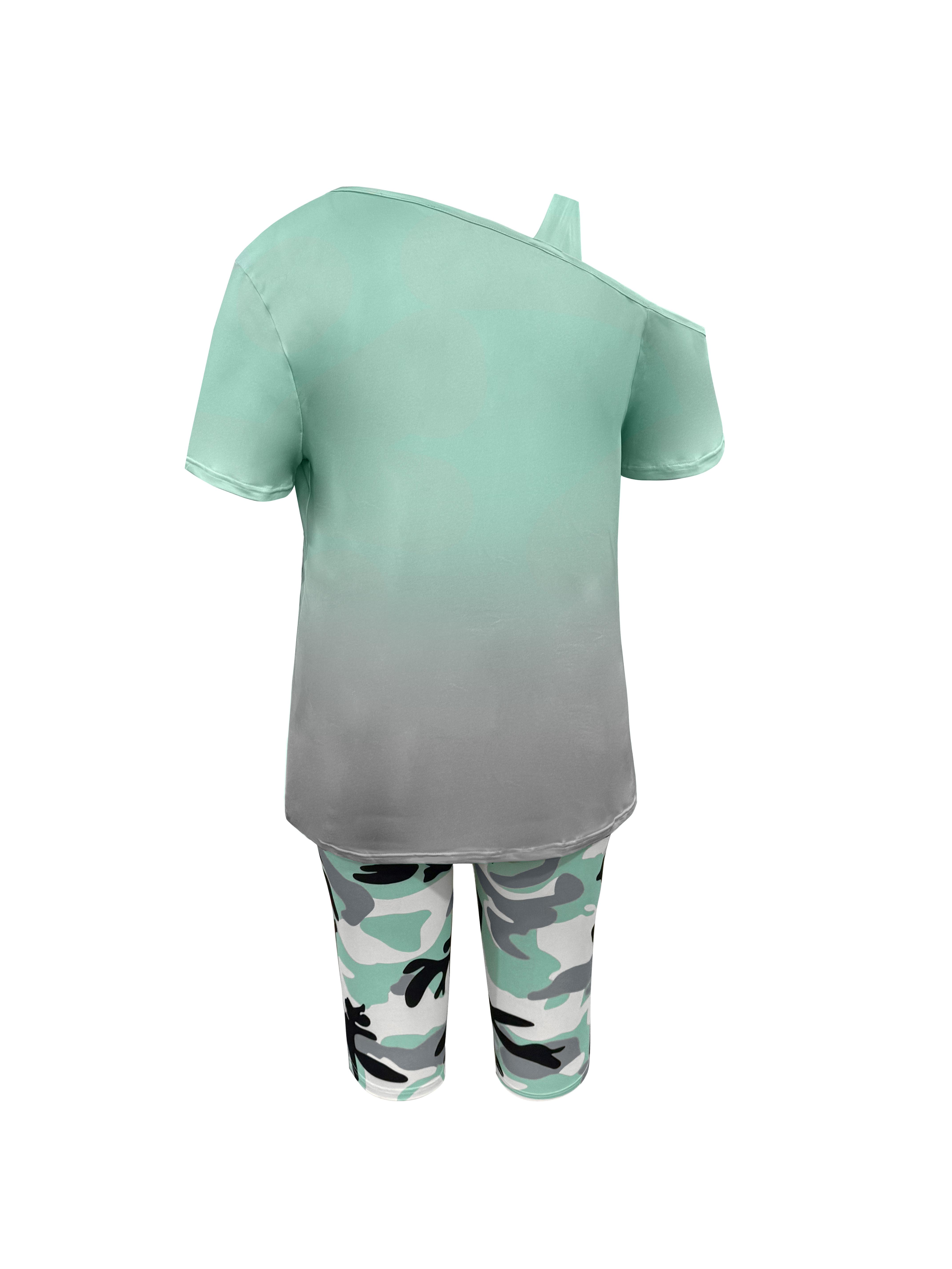 Women's 2-Piece Casual Chic Cowl Neck Shortsleeve Outfits - "Queen" Lettering Camisole, Camouflage Shorts, Casual Vacation Wear, Casual Chic Set