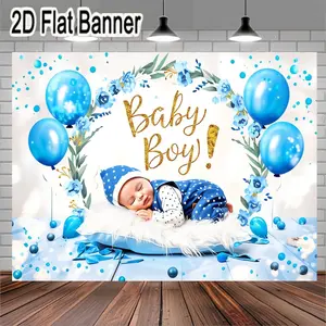 2D flat banner, 1pcBaby Boy Announcement Celebration Decor with Blue Balloons and Golden Floral Wreath, Fluffy Pillow and Confetti Elements for Festive Baby Shower or Party Decorations