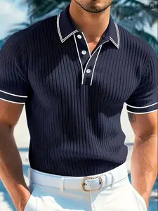 Men's striped knitted slim fit short-sleeved shirt with buttoned lapel design, made of breathable and elastic fabric, suitable for summer casual and daily wear