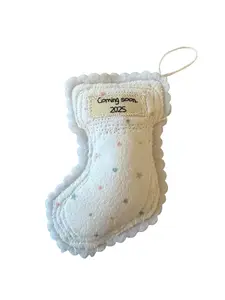Peace of Annie Handmade Christmas Stocking Ornament Soft Cotton Plush Fill Scalloped Felt Backing Ready to Ship Baby Gift "Coming Soon"
