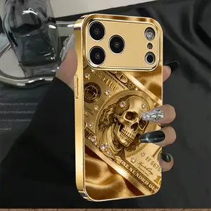 Long Hair Gold Skull Dollar Bill Pattern Phone Case with Dollar Bill Celebrity Portrait Display, Electroplated Glass Phone Case, Compatible with iPhone 17/16/15/14/13/12/11