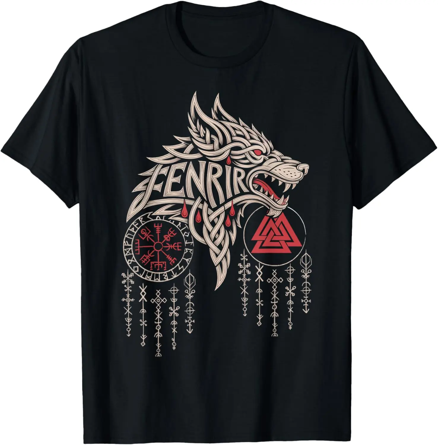 Women's 100% Cotton Short-Sleeve Casual Distressed Round Neck Graphic Everyday Top - Vintage Celtic Compass, Norse Valknut Wolf, Viking Vegvisir Prints Tshirt