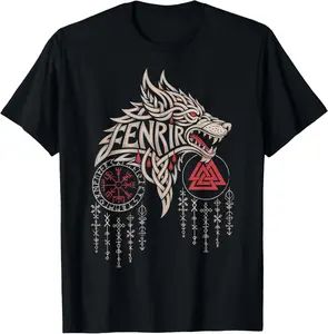 100%cotton Vintage Celtic Compass – Norse Valknut Wolf Viking Vegvisir T-Shirt