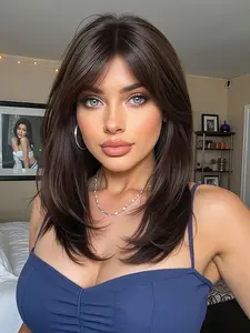 18 Inch Long Straight Dark Layered Synthetic Hair Wig with Bangs, Suitable for Women Daily Party Use, Artificial Hair Extension, Glueless Bangs Wig