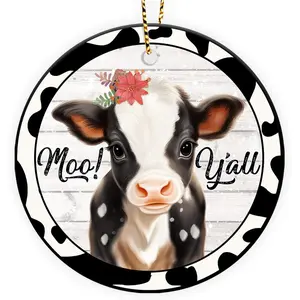 Cute Cow Christmas Ornaments 2025 - Moo Ceramic Tree Decoration, 2-Sided UV Print, for Men Women, Rustic Xmas Decor