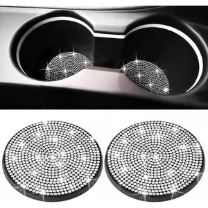 Car Cup Holder Coasters 2PCS – Rhinestone Bling Silicone Inserts 2.75" (White)