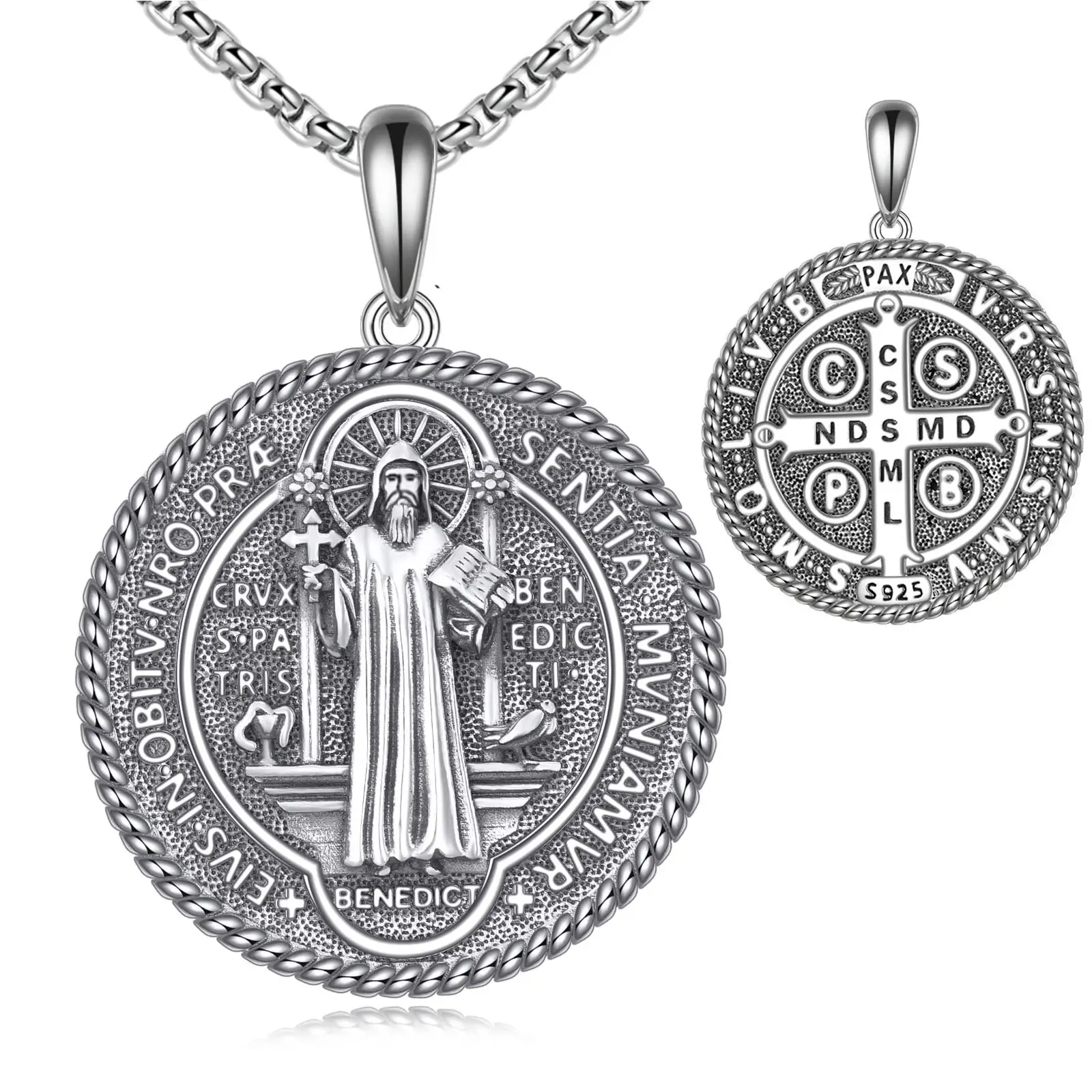 925 Sterling Silver Saint Benedict Necklace for Men Sterling Silver Pendant Necklaces Protect Jewelry Gifts for Men Women