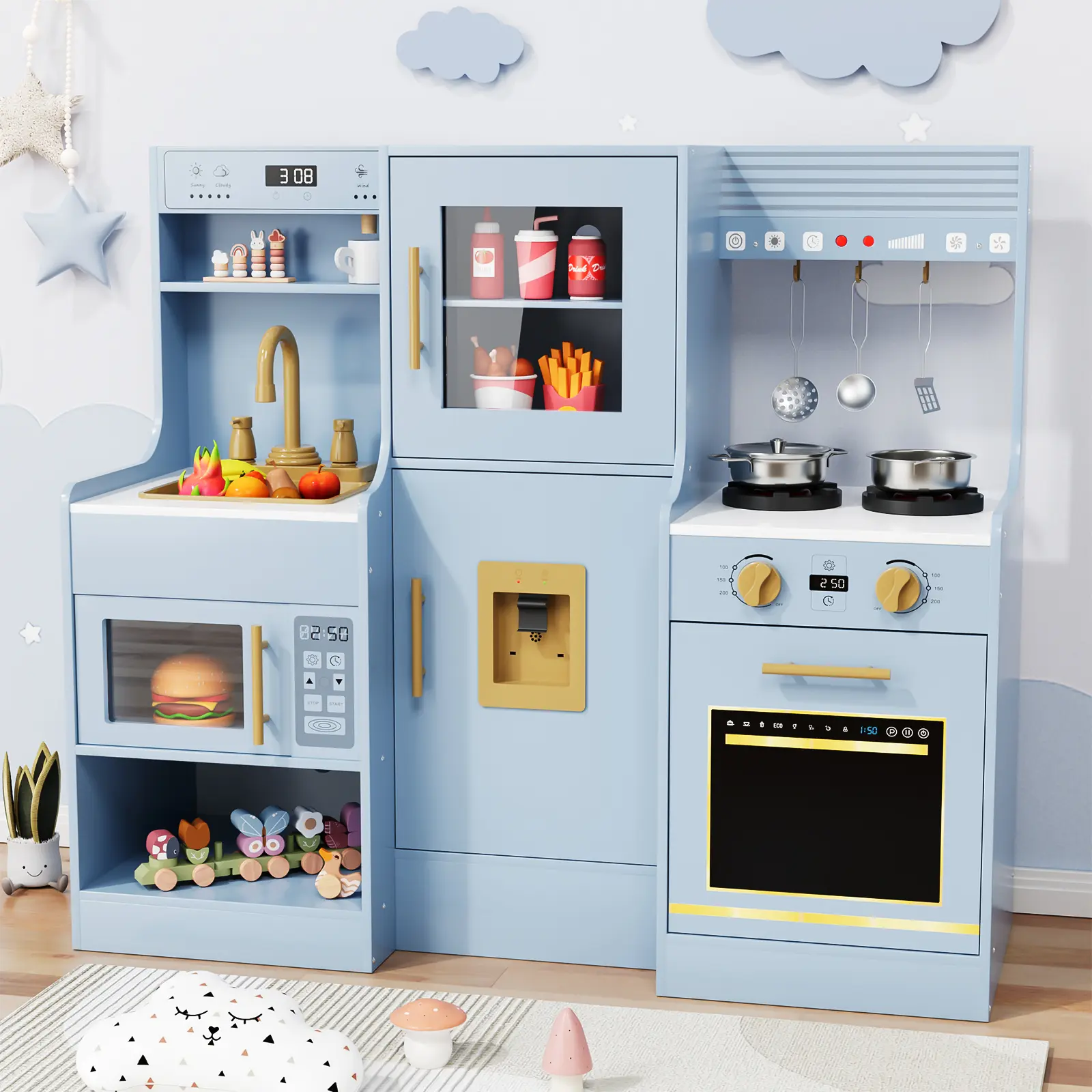 Arlopu Wooden Play Kitchen for Kids, Toddler Toy Kitchen Playset, Large Interactive Pretend with 6 Kitchenware, Realistic Water Dispenser & Hood w/Lights & Sounds, Sink, Stove, Oven, Microwave summerwins