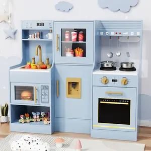 Arlopu Wooden Play Kitchen for Kids, Toddler Toy Kitchen Playset, Large Interactive Pretend with 6 Kitchenware, Realistic Water Dispenser & Hood w/Lights & Sounds, Sink, Stove, Oven, Microwave