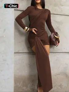 Autumn Solid Color Bodycon Long Sleeve Tie Belt Fashion Slim Fit Dress, Elegant Women's Clothing, Perfect for Fall Season, Womenswear