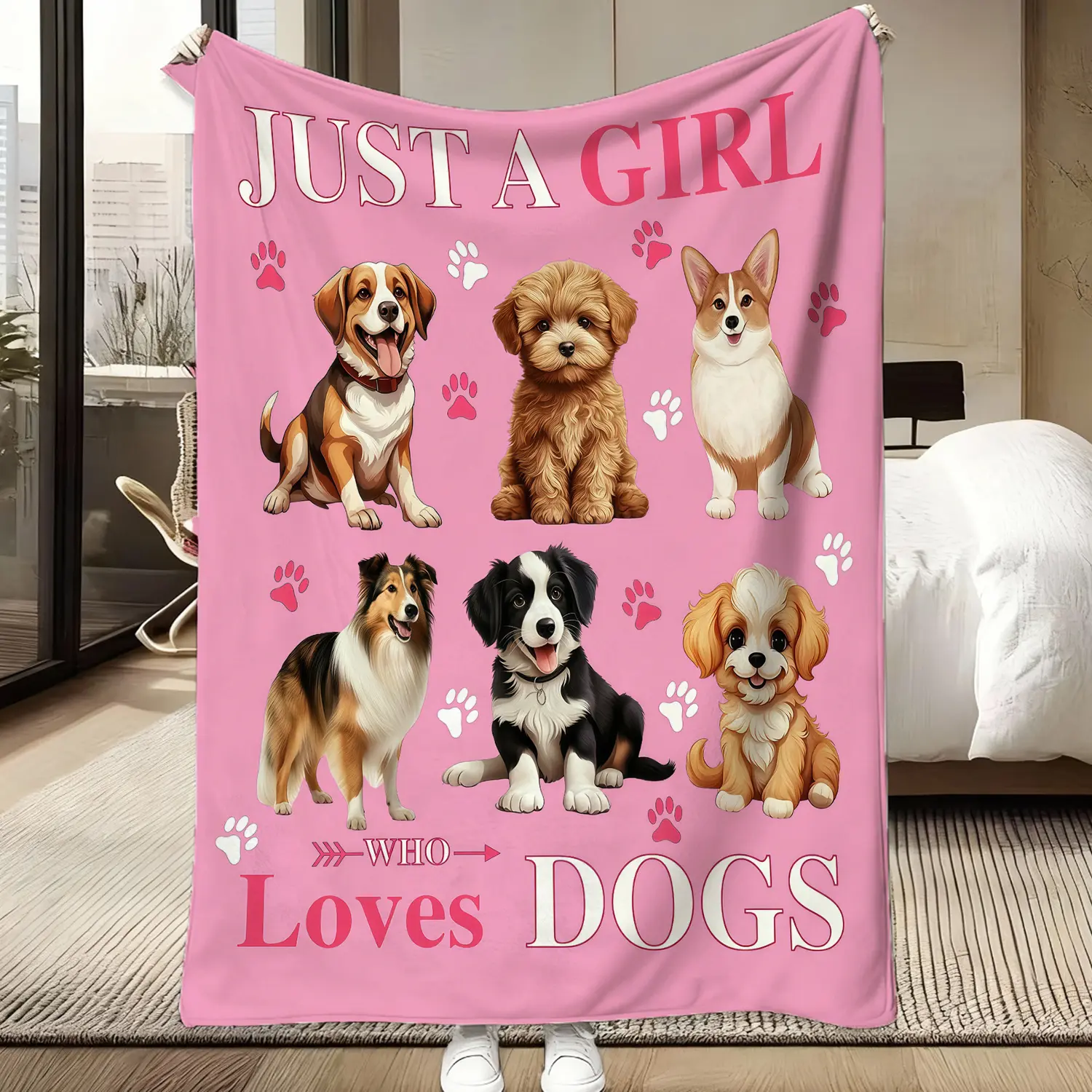 Dog Lover 100% Polyester Flannel Throw Blanket - Bright Pink, Multi-Breed Puppy Print (Beagle, Corgi, Golden, Collie), Soft Fleece, Cute Paw Print Accent, Durable, Machine Washable, All Seasons, Ideal Dog Mom Birthday Gift, Cute Accent