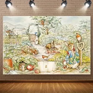 1pc Easter Backdrop Bunny Garden Scene Cozy Tapestry Cartoon Animals Gardening Design for Living Room Decor Family Photo Celebration