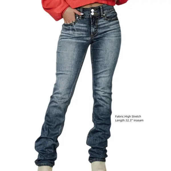 Washed Flap Pocket Mid Waist Bootcut Jeans Casual Comfort
