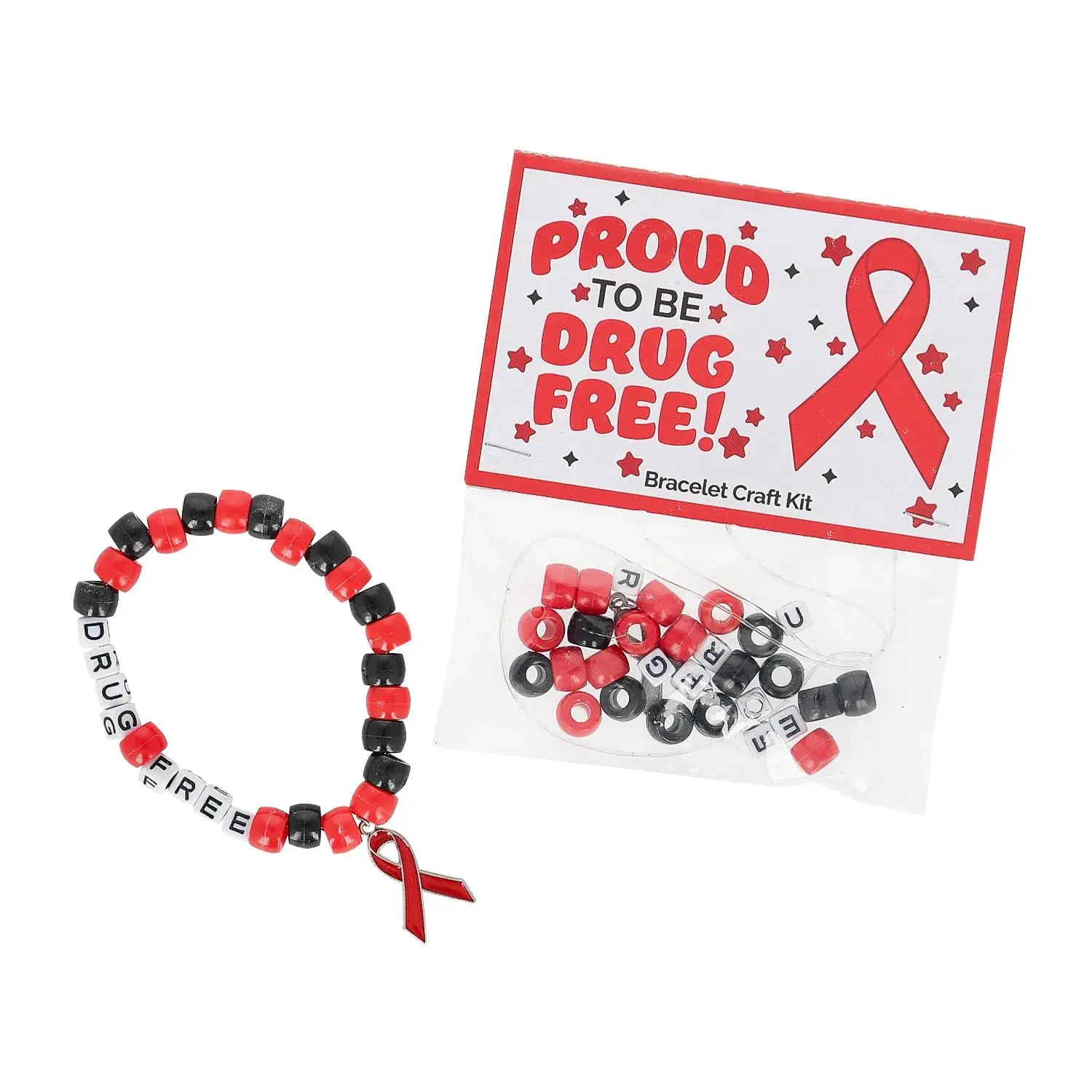 Red Ribbon Pony Bead Drug Free Bracelet Craft Kit - Makes 12