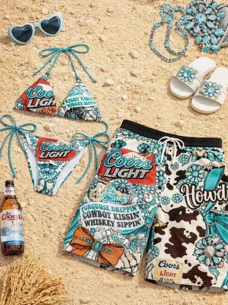 Coors Beer Print Couples Swimsuit Set, Women's Tie Side Bikini & Men's Hawaiian Shorts, Beach Vacation Apparel RW0 V0Q