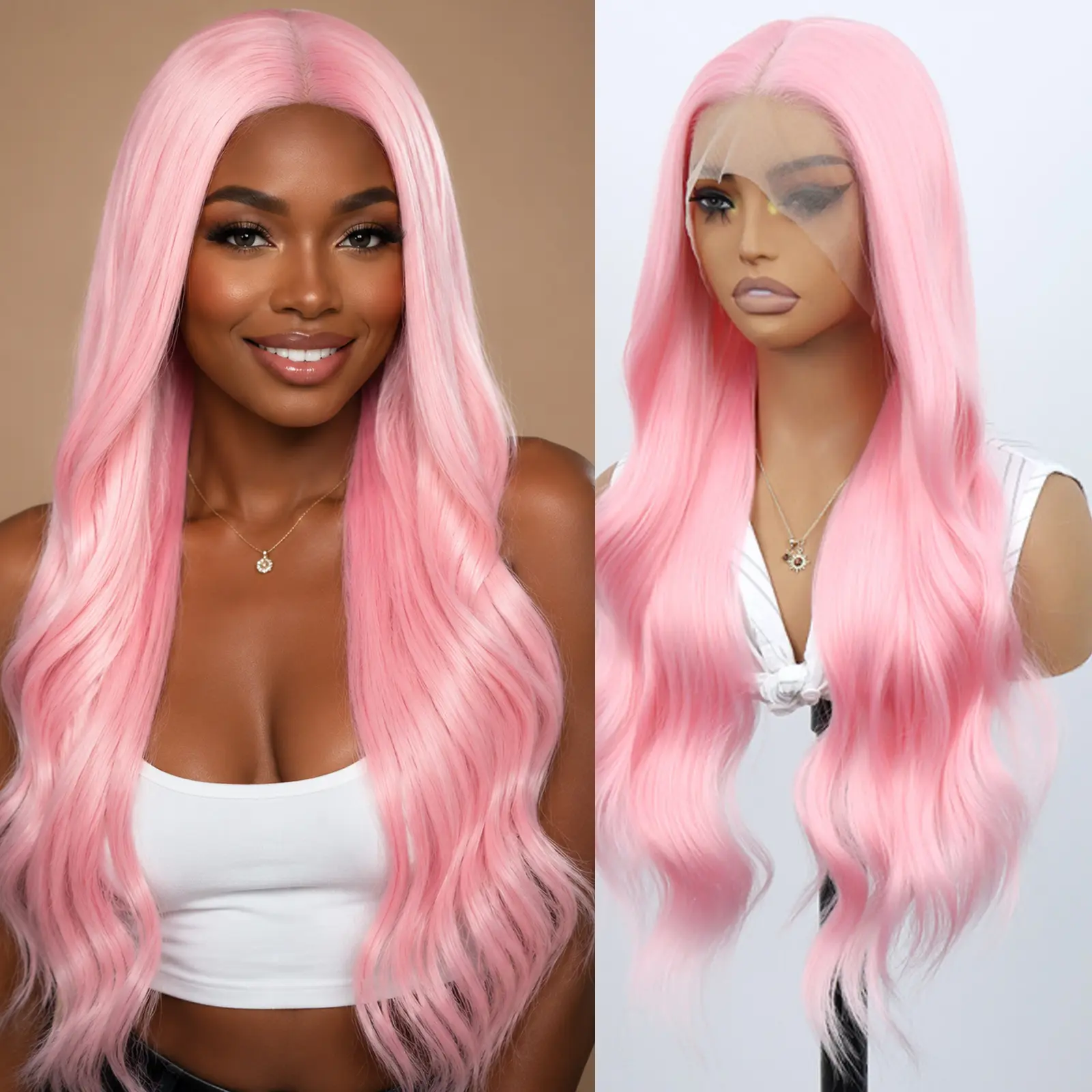 Female 26 Inch Long Wavy Synthetic Lace Front Wig - Pastel Blush Pink, Pre-Plucked Natural Line, Heat Resistant Soft Fiber Hair