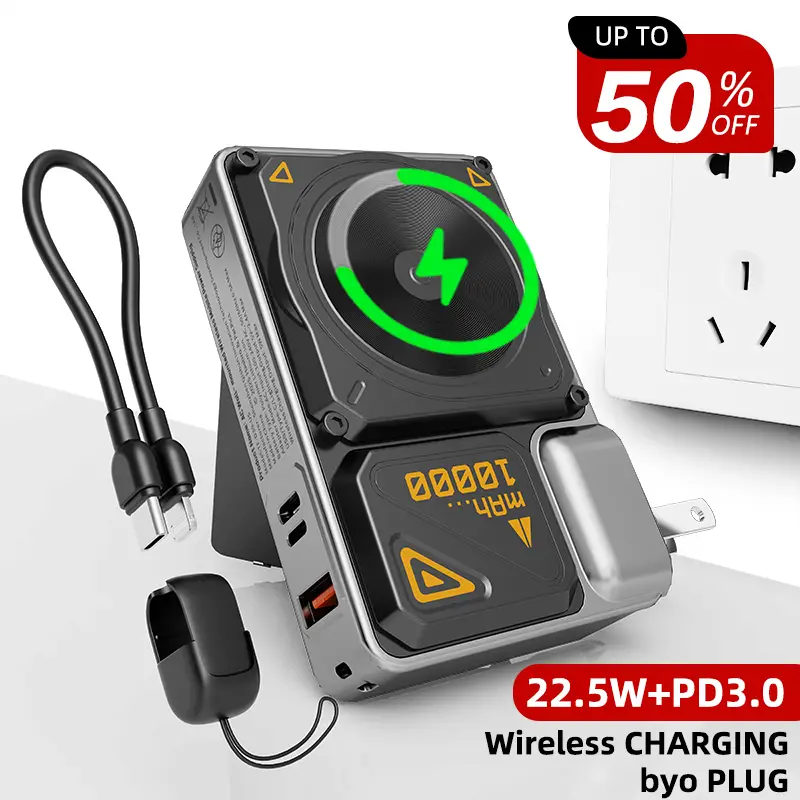 6 in 1 Magnetic Power Bank Charger 10,000mAh Portable Charger with Built-in Cable and Foldable…