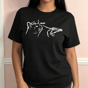 "Gothic Cat & Skull Print" Graphic T-Shirt - Edgy Coquette Goth Statement Top - Bold Y2K Street Style Aesthetic Apparel - Comfortable Short Sleeve Graphic Shirt - Unique Professional Detail Crew Neck Tee
