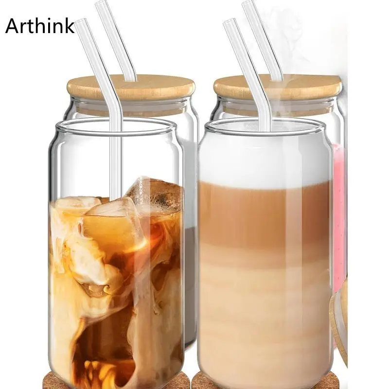Arthink 16oz Glass Cups with Bamboo Lids and Straws Cup for Ice Coffee Accessories,Cute Drinking Glasses,Home Essentials Housewarming Gift, Drinkware