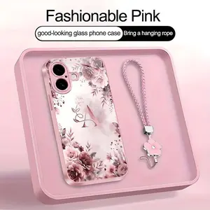 Rose Floral Art 26 letter Phone Case, Suitable for [iPhone 16 Plus] high-end women's, Lanyard a beautiful four-leaf clover lanyard is included🍀 952