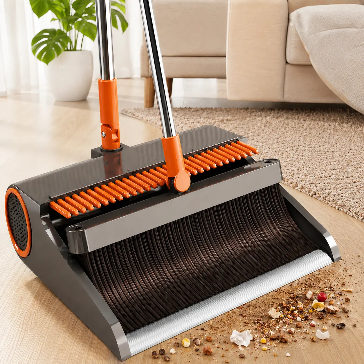 Broom and Dustpan Set 1-Piece Self-Cleaning Rotating Head with 37.4-Inch Handle, Built-in Comb Teeth & 4-Layer Dense Bristles; Foldable PVC Plastic for Hard Indoor Floors, Pet Fur Dander Dust Crumb Capture