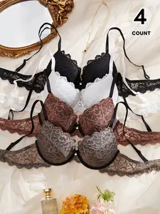Women's 4-Piece French Luxe Elegant Chic Lace Bra Set, Sexy Push-Up Steel Ring Lingerie Underwear, Comfortable Breathable Multi-Color Bras